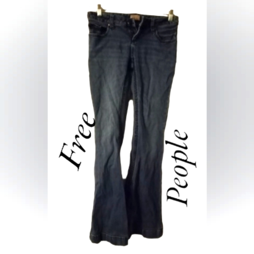 Free People Vintage Frazzled Hem 1970s Original Bell Bottoms Blue Jeans- Size 28
